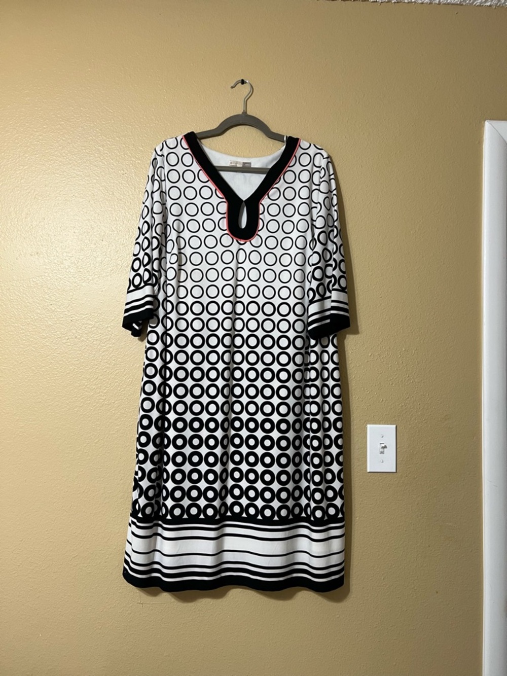 Dress Barn Black and White Circle-Print Midi Dress with Red Trim